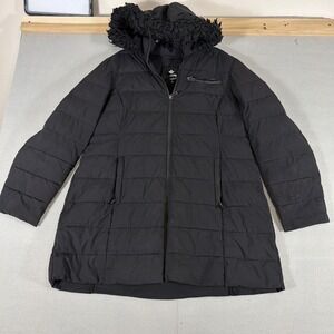 Halitech Womens Black Quilted Puffer Coat Faux Fur Trim Hood Mid Length XL